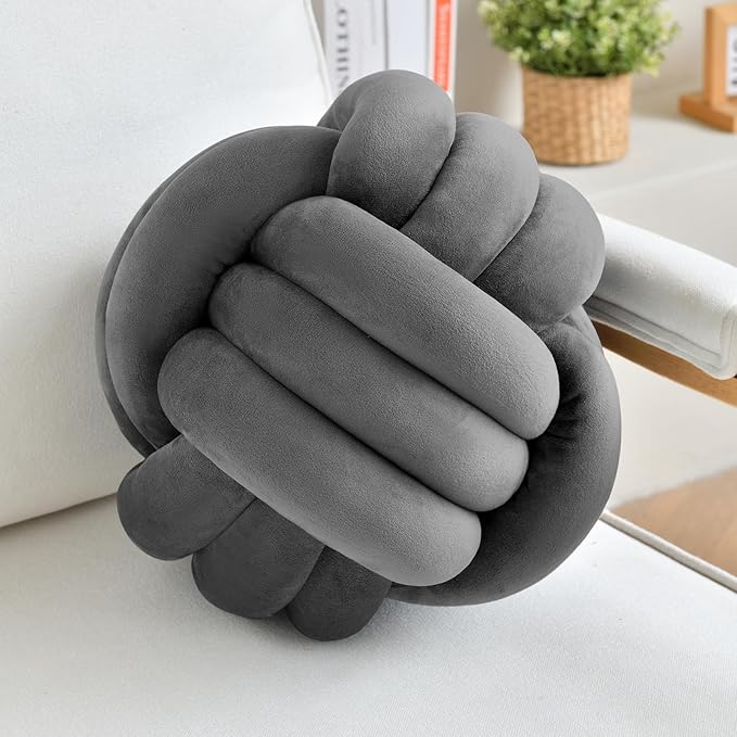 LUSJNGE Decorative Throw Knot Pillow Ball for Home Chair Sofa Couch Bed Aesthetic Round Velvet Knotted Pillow Cushion (Dark Grey, 11 inches)