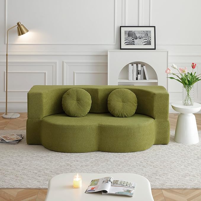 KEIKI 2-in-1 Folding Sofa Bed with Pillow, Queen Sleeper Sofa, Floor & Futon Loveseat Couch, Foam Folding Mattress for Living Room, Guest Use, Office, Apartment, No Assembly Required, Green