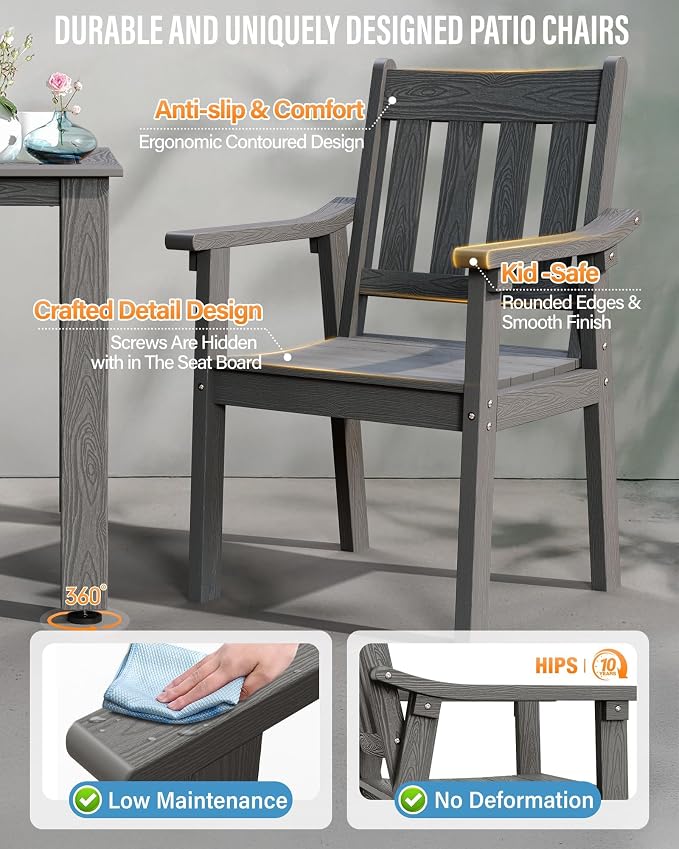 YEFU Patio Dining Chairs Set of 6: All Weather Outdoor Dining Chairs with Wide Curved Seat and Backrest - Outdoor Furniture Plastic for Outside Backyard/Garden/Porch/Deck 350lbs Capacity Grey - Image 4