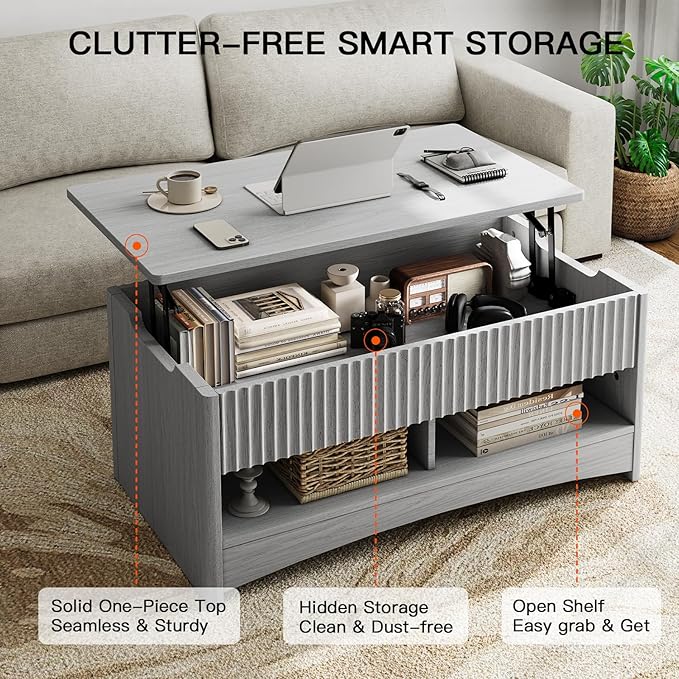 Amada Lift Top Coffee Table with Living Room, Modern Fluted Coffee Table with Drawers & Hidden Compartment, Coffee Tables for Living Room, Small Spaces, Grey