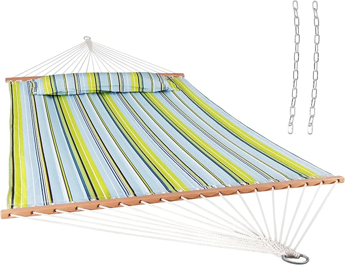 Sunnydaze Quilted Double Hammock for Outside with Spreader Bars and Pillow - 450 lb Capacity, 74x55 Inch Bed, UV Resistant, Quick Dry - Chains Included, Stand Sold Separately - Blue & Green by SunnydazeDecor