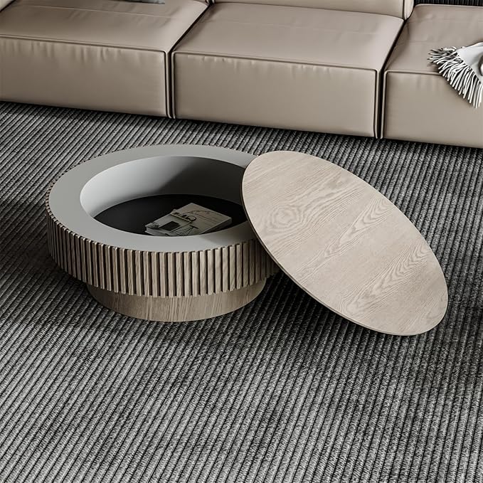 31.5'' Round Coffee Table for Living Room, Fluted Coffee Tables with Hidden Storage, Solid Wood Veneered Circle Modern Tea Table for Small Space Apartment (Grey-31.5''D×14''H)