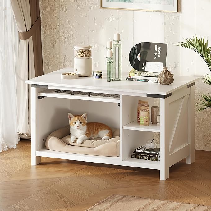 WLIVE Coffee Table with Storage, Modern Coffee Table with Flip-up Door, 2-in-1 Center Table Cat House Furniture for Living Room, Home, White