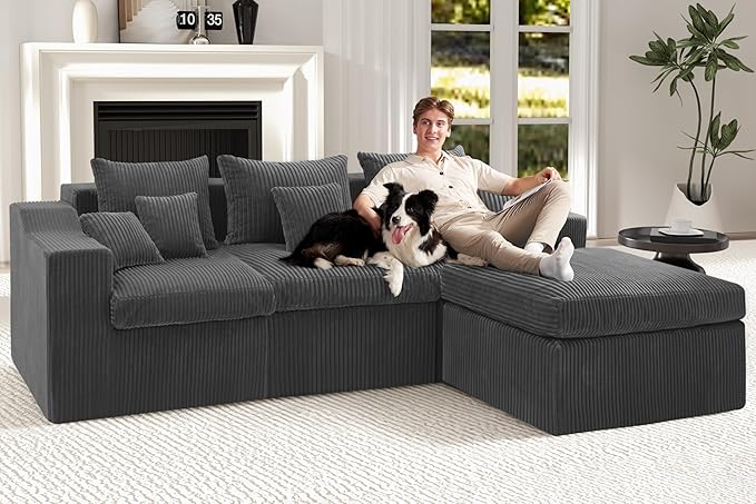 101" Modular Couch Sectionals with Ottoman, Big Comfy Cloud Couches, L Shaped 4 Seat Modular Sectional Sofa, Sectional Double Cushion Couches with Deep Seat for Living Room,No Assembly Required (Grey)