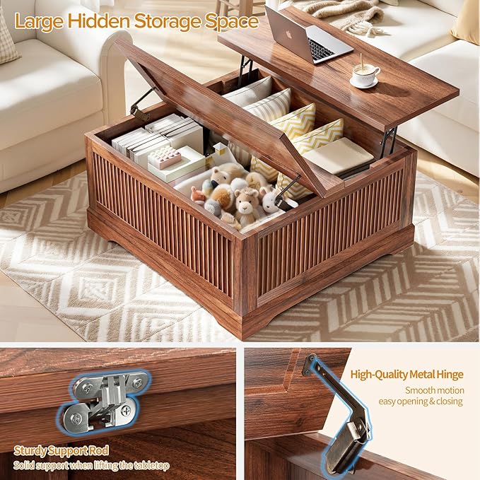Lift Top Coffee Table with Storage, Fluted Coffee Tables with Lifting Top, Modern Farmhouse Square Center Table for Living Room, Home Office, with Hidden Compartment, Flip-Up Lids, Walnut