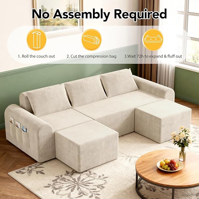 Cloud Modular Sectional Sofa, No Assembly Deep Seat Chenille Couch with 2 Ottomans, 3-Seater Modular Sofa for Living Room, Beige