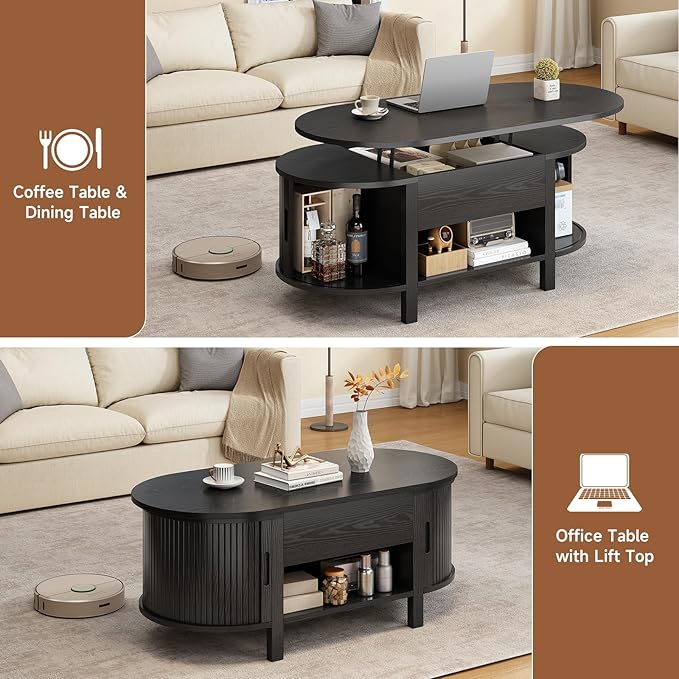 ONBRILL 43.3" Oval Lift Top Coffee Table with Hidden Compartment, Fluted Wood Coffee Table with Sliding Door, Mid-Century Modern Lift Tabletop Dining Table for Living Room, Home Office, Black