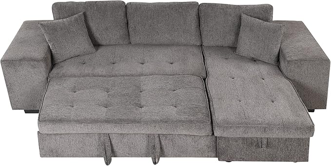 104.5 inch Reversible Sleeper Sectional Sofa with Pull Out Bed , Convertible L Shaped Sectional Couch with Storage Chaise and 2 Stools , Tufted Upholstered Pullout Sofa Bed for Living Room Apartment