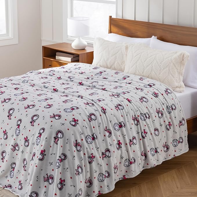 Berkshire Peanuts® VelvetLoft® Cute Character Snoopy Plush Blanket,Over the Moon for You Light Grey,King 90 in x 108 in (Official Peanuts® Product)