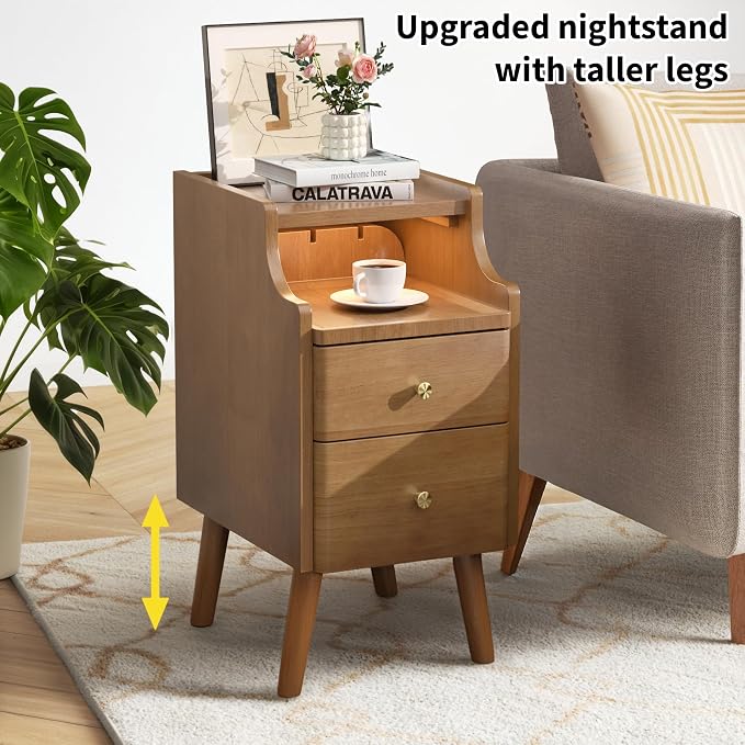 Narrow Nightstand Set of 2, Solid Wood Night Stand with 2 Drawers, Walnut Mid Century Modern Nightstand, Small Bedside Table with Open Storage Shelf for Bedroom (10 Inch) - Image 8