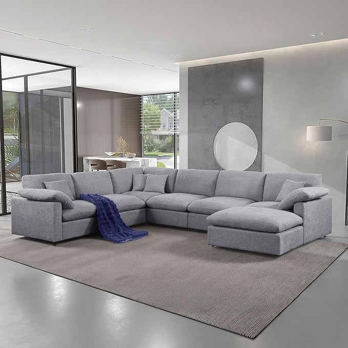 144-Inch Oversized L-Shaped Corner Sectional Cloud Sofa,Modern 7 Seat Modular Cloud Sofa Luxury Convertible Couch with 6 Pillows and Movable Ottoman for Living Room