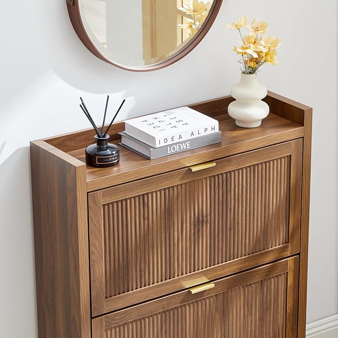 Fluted Shoe Storage Cabinet with 2 Flip Door for Entryway, Modern Freestanding Narrow Wood Shoe Rack Cabinet for Foyer, Front Door, Hallway - Image 9