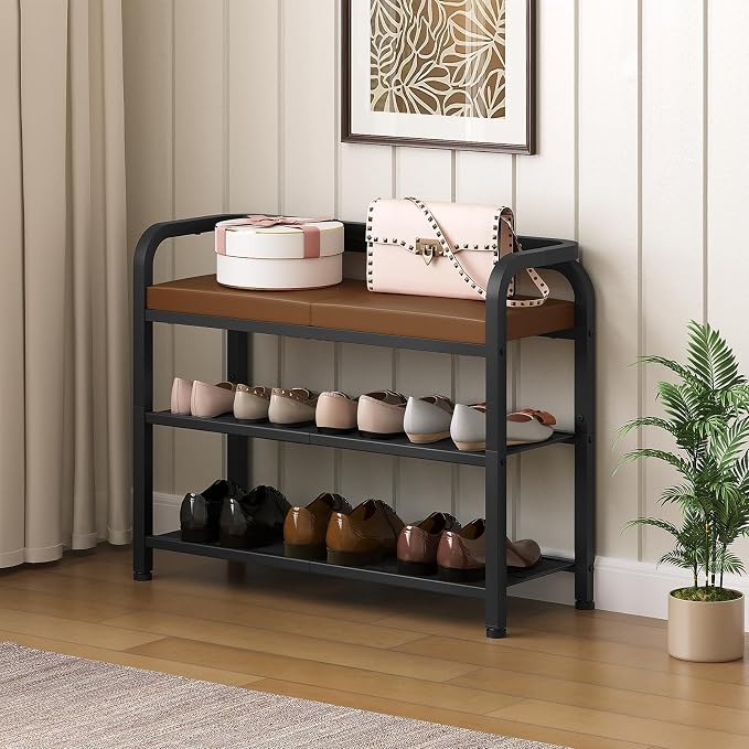 YATINEY Shoe Bench with Backrest, Entryway Bench, 2-Tier Shoe Rack with PU Padded Seat, Upholstered Shoe Storage Bench with Back, for Hallway, Entryway, Foyer, Bedroom, Brown and Black HX04BV - Image 2