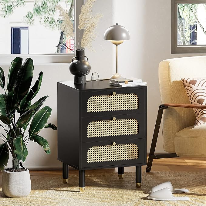 VINGLI Rattan Nightstand with Charging Station, 3 Drawer Night Stand, Boho Nightstand for Bedroom, Black Bed Side Table for Living Room, Wooden, 15.7" D x 18.9" W x 27" H by VINGLI