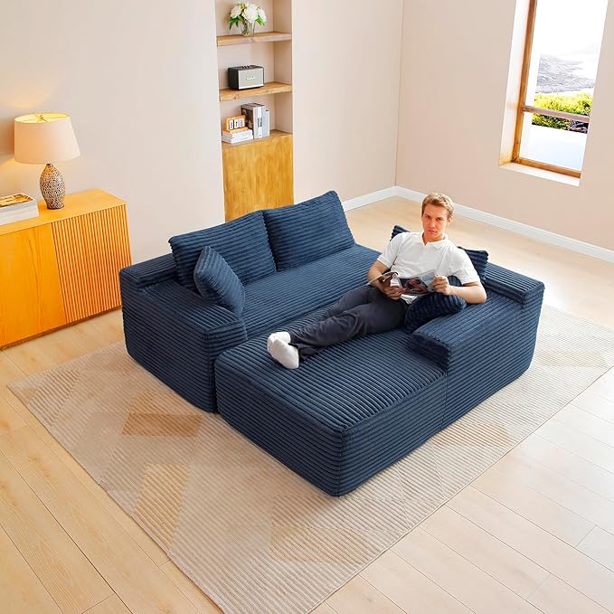 105-Inch L-Shaped Right Facing Corner Compressed Sofa Modular Sectional Boneless Cloud Sofa Floor Foam Couch with Chaise Lounge, Corduroy Corner Boneless Cloud Couch