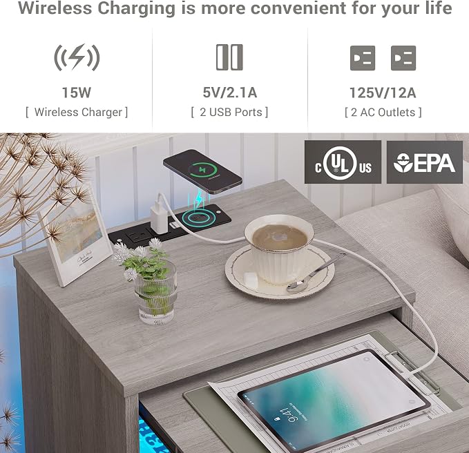 Tiptiper LED Nightstand with Wireless Charging Station, Farmhouse Nightstand with LED Light, Rustic End Table Side Table with Drawers, Pull-Out Tray and Open Storage, Grey Wood Grain - Image 4