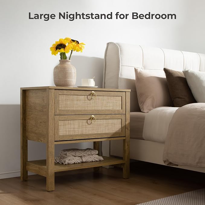 SICOTAS Night Stand with Drawers and Storage Shelf - Large Nightstands Rattan Decor Boho Bedside Table Narrow Side Table for Bedroom, Small Space - Image 8