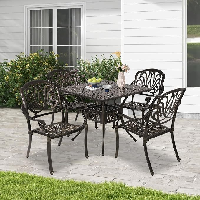 Cast Aluminum Outdoor Patio Dining Set, All Weather Outdoor Furniture Dining Set for Patio, Balcony, Lawn, Garden, Backyard (1 Square Table+ 4 Dining Chairs) - Image 2