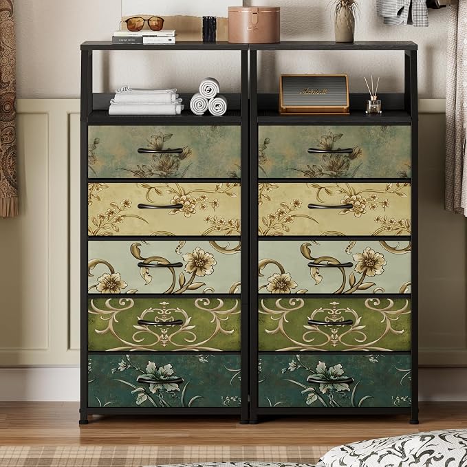 Furnulem Retro 5 Drawers Dresser, Tall Dressers for Bedroom, Closet, Hallway, Nursery, Fabric Storage Tower Organizer, Vertical Nightstand Side Table Furniture, Steel Frame, Wood Top - Image 2