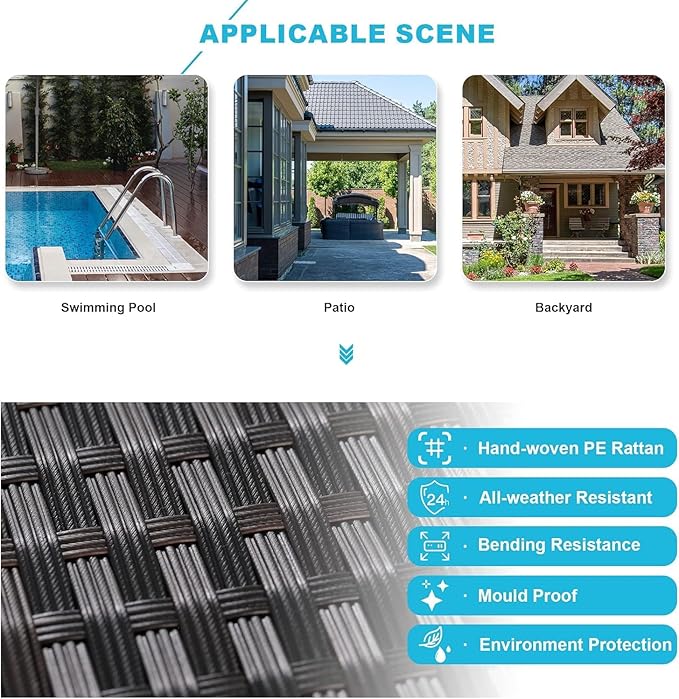 Kullavik 9 Pieces Outdoor Patio Furniture Set,Sectional Rattan Sofa Set Brown PE Rattan Wicker Patio Conversation Set with Tempered Glass Coffee Table and Washable Cushions Covers,Turquoise Blue