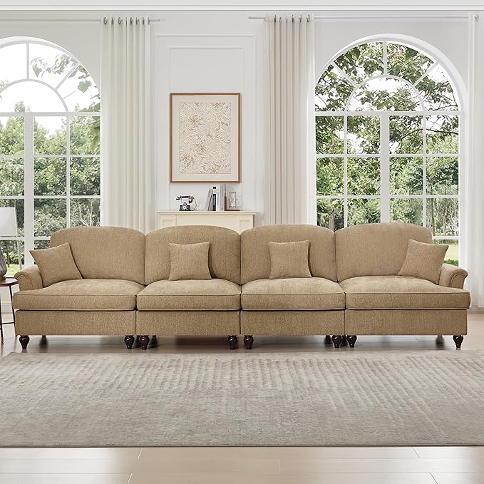 KEIKI Mid Century Modular Sofa with Flared Arms and Skirted Design, 137“ Oversized 4-Seater Luxury Chenille Sectional Couches for Living Room, Big Soft Couch Bedroom Furniture, Light Coffee