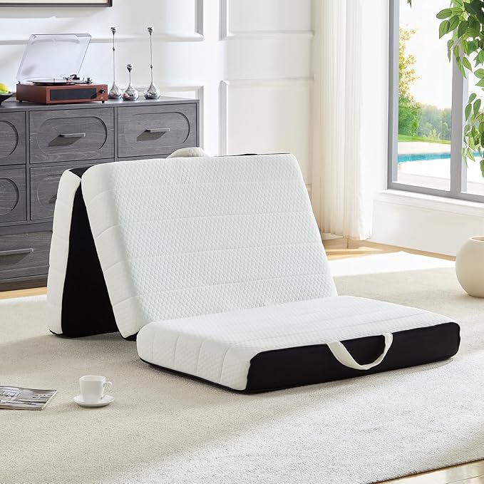 ROXGOX Foldable Mattress, Full Tri-Fold Memory Foam Mattress Topper with Washable Cover, Handle & Non-Slip Bottom, 4 Inch Portable Folding Bed for Guest, Yoga, Living Room, Camping - 73"x52"x4"