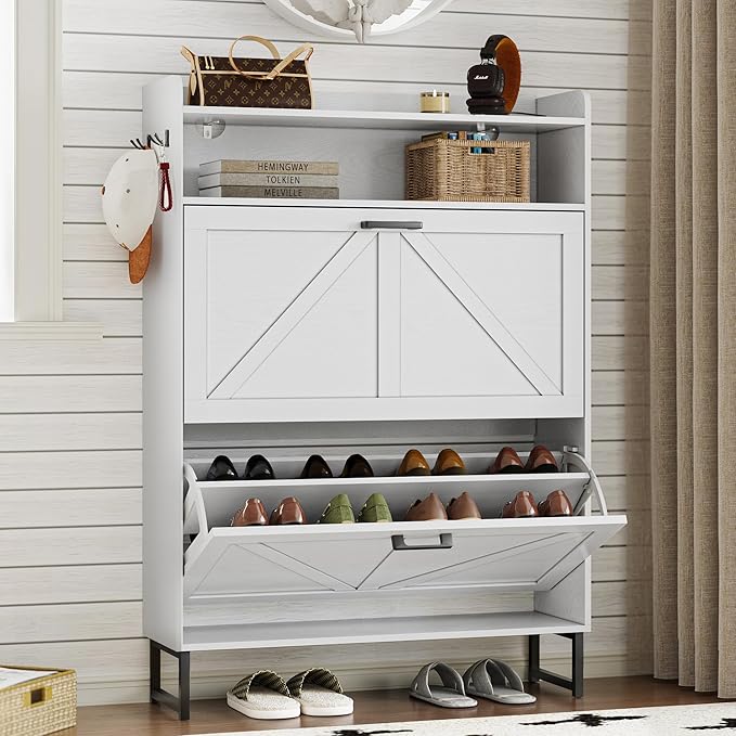BORNOON Shoe Cabinet with 2 Flip Drawers Narrow Shoe Storage Cabinet Organizer Wooden Freestanding Shoe Rack Hidden Slim Shoes Storage Cabinet for Entryway, Hallway, Bedroom by BORNOON
