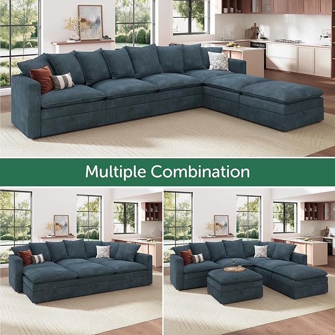 HONBAY Modular Sectional Sofa, 137 Inch U Shaped Corduroy Couch with Storage, Convertible Sectional Sofa with Deep Seat, Blue