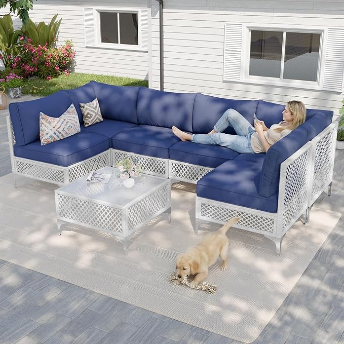 Vikiullf Patio Conversation Set, 7 Piece Outdoor Sectional Sofa Set with Coffee Table, White Wicker with Black Cushions (White and Blue, 7 piece)