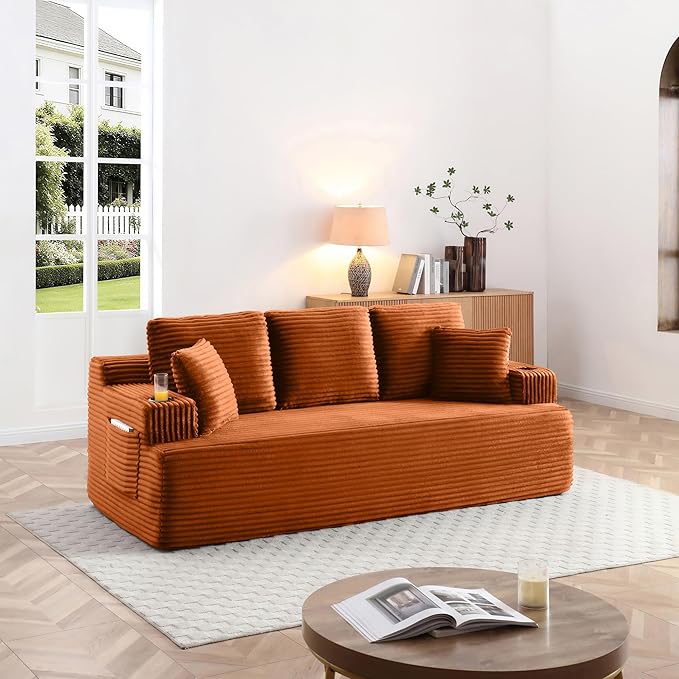 Eafurn Floor Loveseat Boneless Sofa Couch in a Box with Cup Holder and Side Pockets, 3 Seater Comfy Corduroy Upholstered Foam Couch with Deep Seating for Living Room,No Assembly | Breathable material, Cupholders