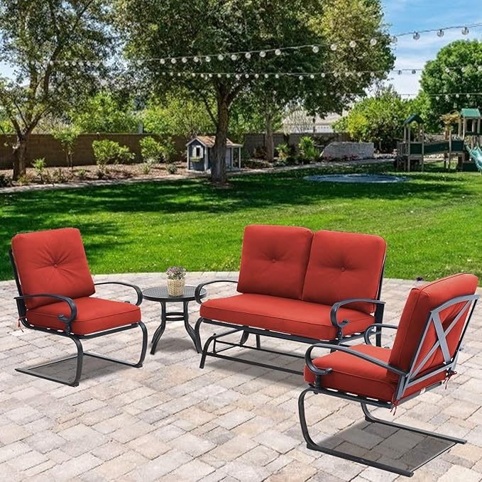 SOLAURA 4-Piece Outdoor Furniture Patio Conversation Sets Swing Glider Loveseat and Spring Lounge Chairs with Side Table for Garden, Deck, Balcony, Poolside, Lawns (Red)