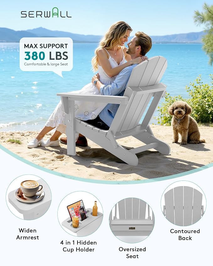 SERWALL Folding Adirondack Chair, Patio Adirondack Chairs with 4 in 1 Multi-Functional Cup Holder, Wooden Textured, All Weather Plastic Fire Pit Chair for Outdoor, Garden, Backyard, Deck- Spanish Gray - Image 6