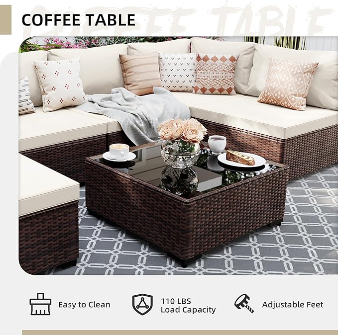 UPHA 7 Pieces Patio Furniture Sets, Wicker Outdoor Sectional Sofa Couch with Coffee Table, Patio Conversation Set for Deck Backyard Garden, Brown Rattan, White Cushion