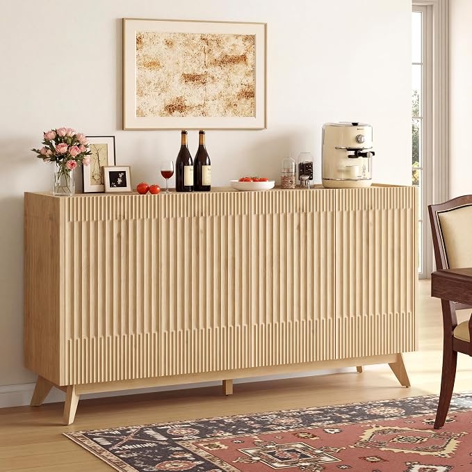 Fatmok 65" Large Sideboard Buffet Cabinet with Storage, Set of 2 Modern Fluted Credenza Buffet Tables with Doors & Adjustable Shelves for Living Room, Kitchen, or Dining Room, Natural Oak - Image 6