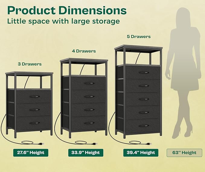 Huuger Night Stand with Charging Station, 4 Drawer Dresser for Bedroom, Bedside Table, 33.9 Inch Tall Nightstand with Open Shelf, End Table, for Closet, Entryway, Bedroooom, Gray - Image 5