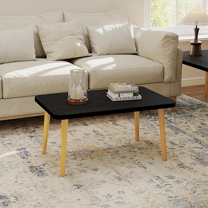 Square Coffee Table Low Table with 4 Solid Wood Sturdy Legs,Floor Table Desk for Sitting on The Floor,19.7"D x 31.5"W x 16"H Inches,Living Room/Toy room Furniture,Rental house Furniture(Black-Square)