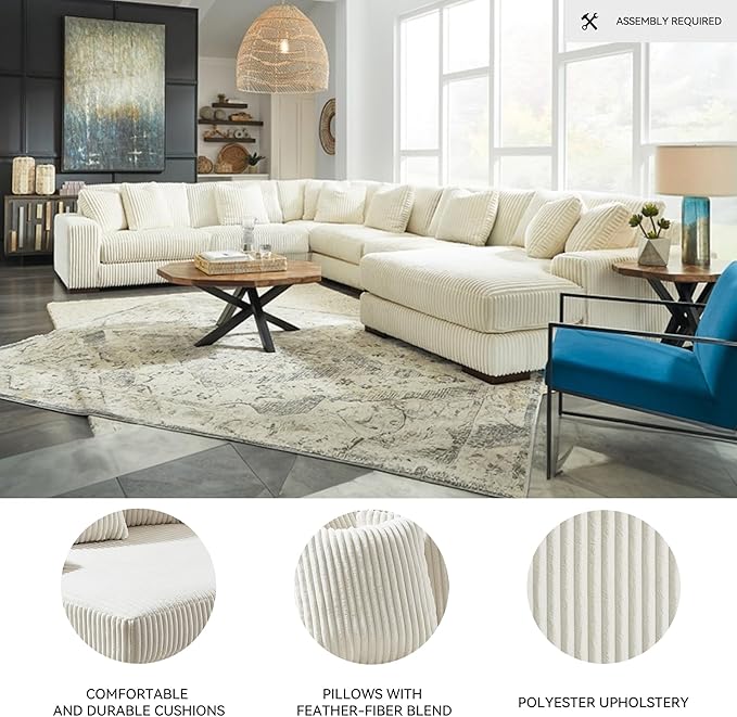 Signature Design by Ashley Lindyn Contemporary Left-Arm Facing 6-Piece Sectional with Chaise, Reversible Cushions, Armrest and Throw Pillows, White