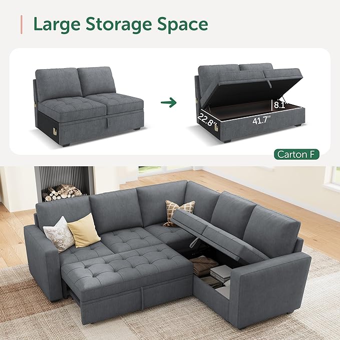 HONBAY Modular Sectional Sofa with Pull Out Bed Convertible L Shaped Couch with Storage Seat Sleeper Sectional Couches for Living Room,Warm Bluish Grey