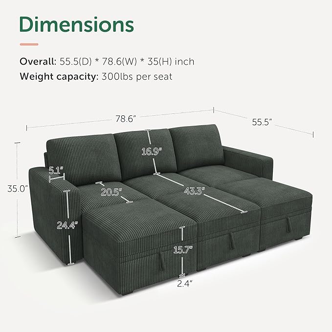 HONBAY Modular Sectional Sleeper Sofa Bed, Pull Out Couch with Storage Ottoman, U Shaped Sectional Couches for Living Room, Green
