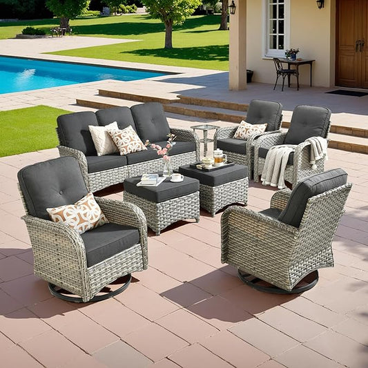 HOOOWOOO Outdoor Patio Furniture Set with Swivel Chairs,8 Pieces Wicker Conversation Set,All Weather High Back Couch Sofa Rocker Chairs Ottomans Set,Black