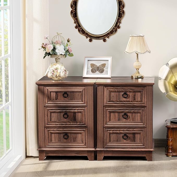 Joaxswe Farmhouse Nightstand Set of 2, 18 Inch End Table with 3 Drawer Metal Handle, Dresser for Bedroom, Sofa Bed Side Table Chest of Drawers,Wood Night Stand Cabinet for Organizer, Living Room-Brown - Image 6
