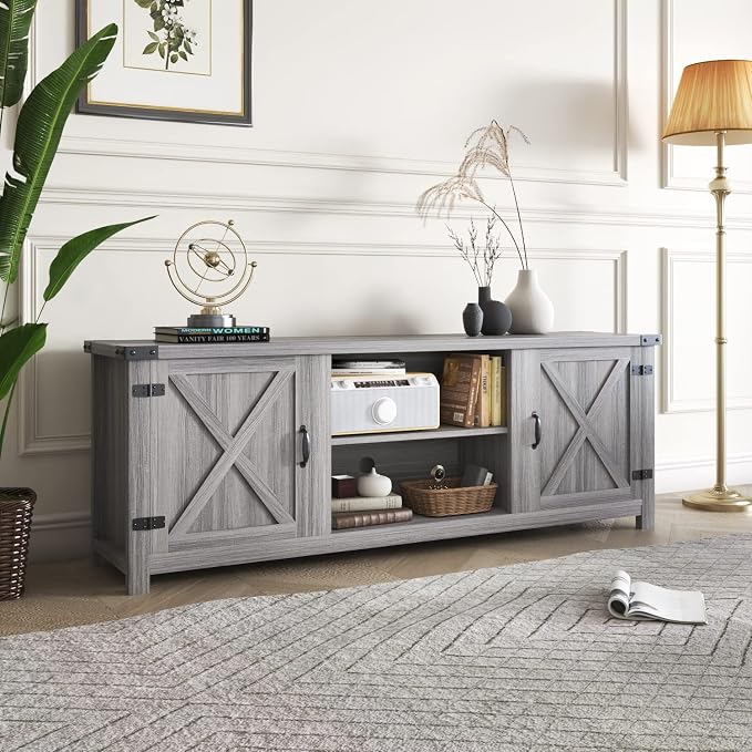 YESHOMY Modern Farmhouse TV Stand with Two Barn Doors and Storage Cabinets for Televisions up to 65+ Inch, Entertainment Center Console Table, Media Furniture for Living Room, 58 Inch, Gray Wash - Image 4
