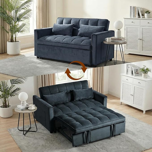 63" Sleeper Sofa with Pull-Out Bed, 3-in-1Folding Convertible Loveseat Sofa Bed with Side Pockets, Adjustable Backrest, Premium Velvet Fabric Futon Couches for Living Room