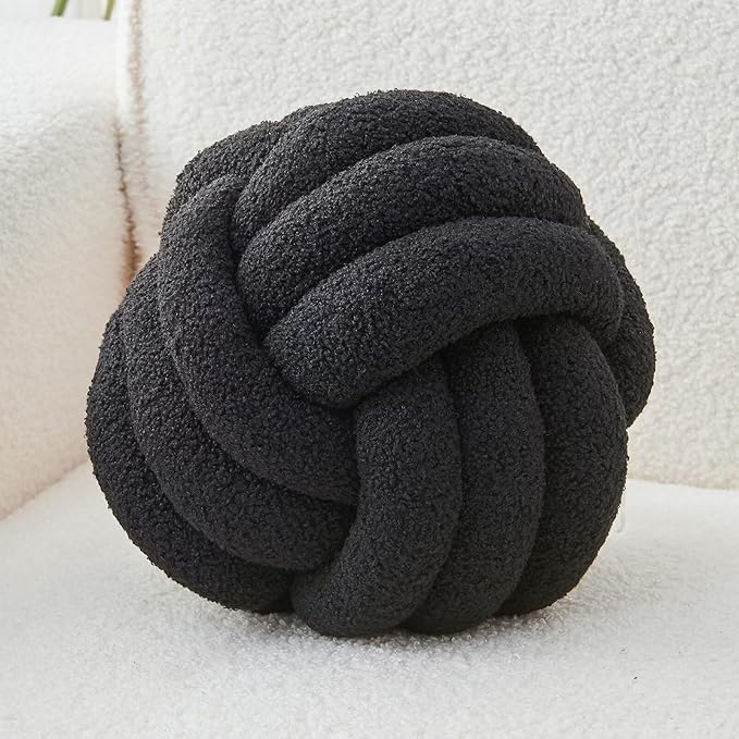 LUSJNGE Decorative Throw Knot Pillow Ball for Home Chair Sofa Couch Bed Aesthetic Round Decor Pillows Lambswool Knotted Pillow Cushion (Black, 13 inches)