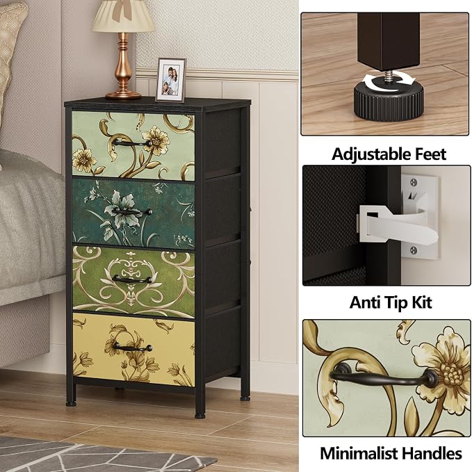 Furnulem 4 Drawer Dresser, Vertical Nightstand for Kids, Adult, Fabric Chest of Drawers for Bedroom, Living Room, Closet, Nusery, Storage Tower Unit Retro Style Furniture, Wood Desk Top - Image 8