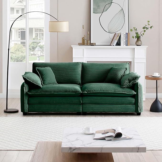 KEIKI 81" Oversized Corduroy Modular Sectional Loveseat Sofa with High-Density Foam Cushions, Removable Armrests, Upholstered Modern 2-Seater Fluffy Corner Couch with 4 Pillow, for Living Room, Green