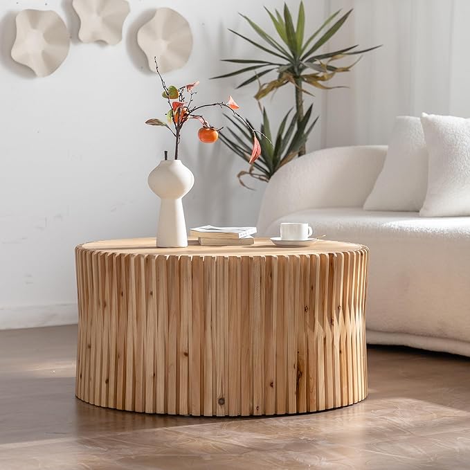 Round Wood Coffee Table, Drum Center Table with Fluted Pattern, 31.5 Inch Farmhouse Circle Coffee Table for Living Room, Office, Outdoor, Natural