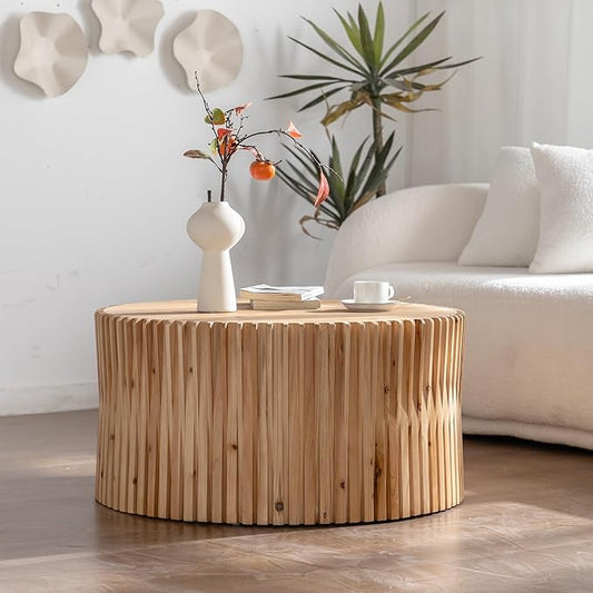 Round Wood Coffee Table, Drum Center Table with Fluted Pattern, 31.5 Inch Farmhouse Circle Coffee Table for Living Room, Office, Outdoor, Natural