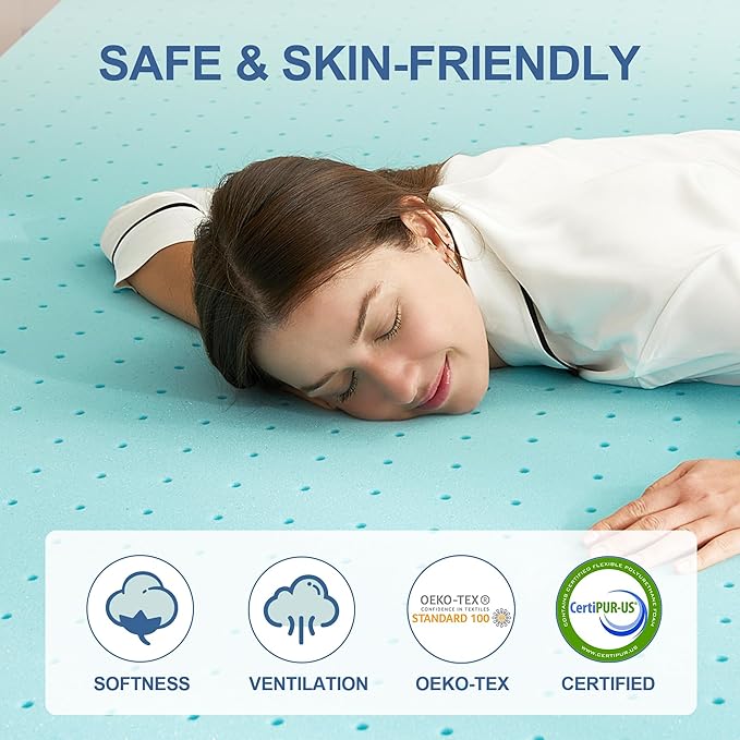 Eiayeebil 2 Inch Memory Foam Mattress Topper King, Mattress Pad Gel Infused Foam Bed Topper, Ventilated Soft Blue,King Size