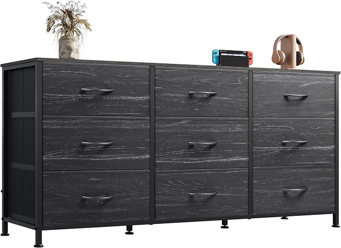 WLIVE 47''W Dresser for Bedroom, Black Dresser TV Stand for 45, 50, 55 inch TV, Wide Chest of Drawers with 9 Drawer, Large Entertainment Center, Fabric Dressers with Wood Top for Closet, Living Room by WLIVE